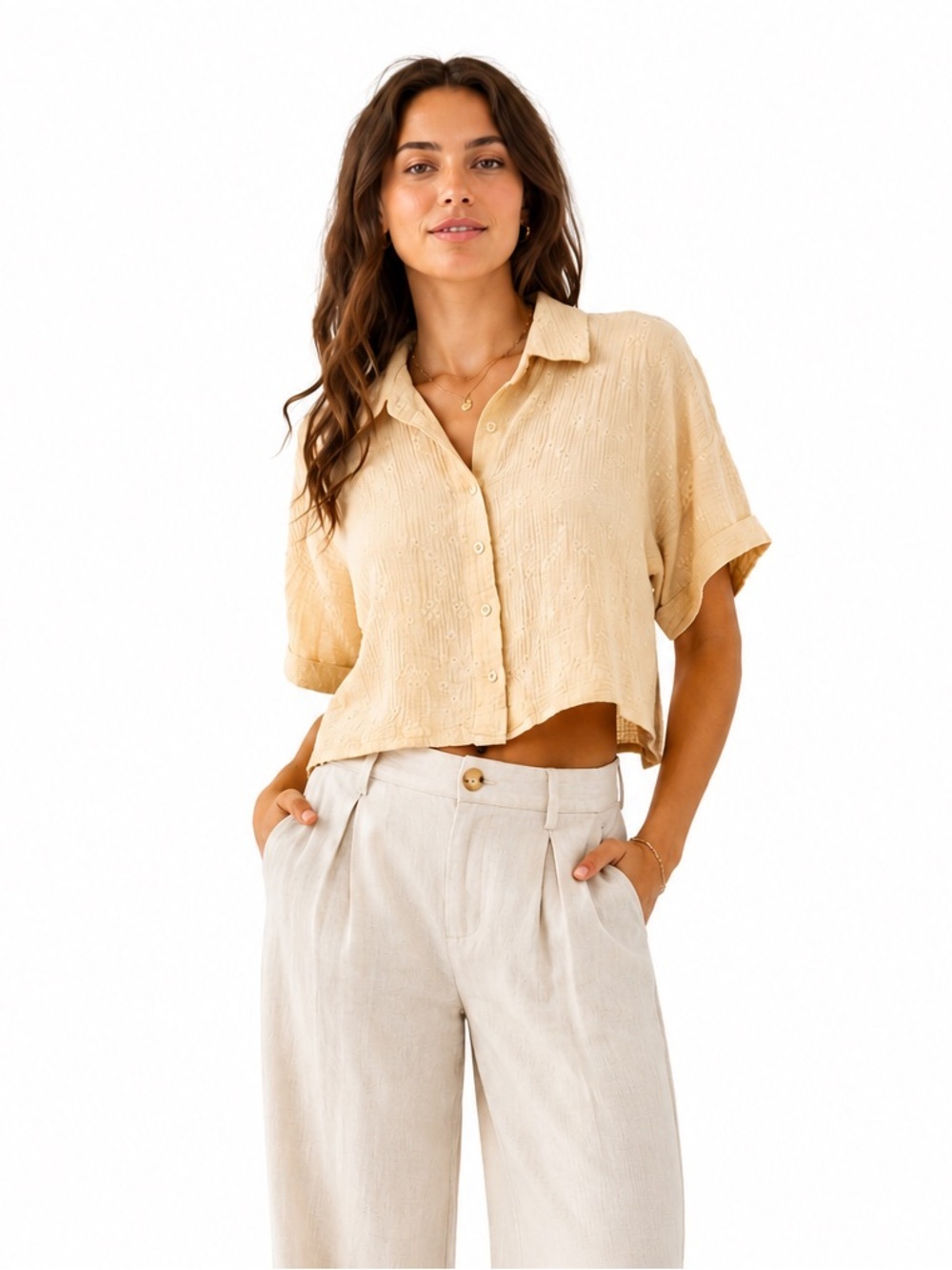 Forever 21 Butter Yellow Linen Blend Embroidered Cropped Button-Down Shirt